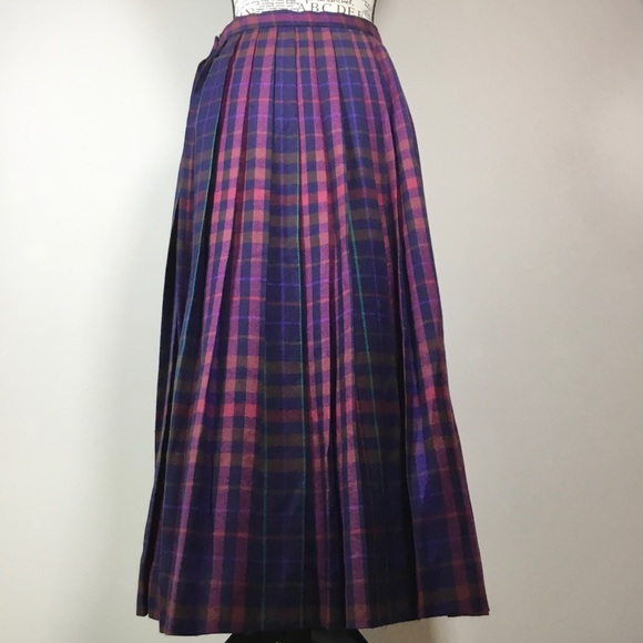 100% Worsted Wool pleated purple pink blue green plaid skirt countryside sz 14 - Picture 4 of 8